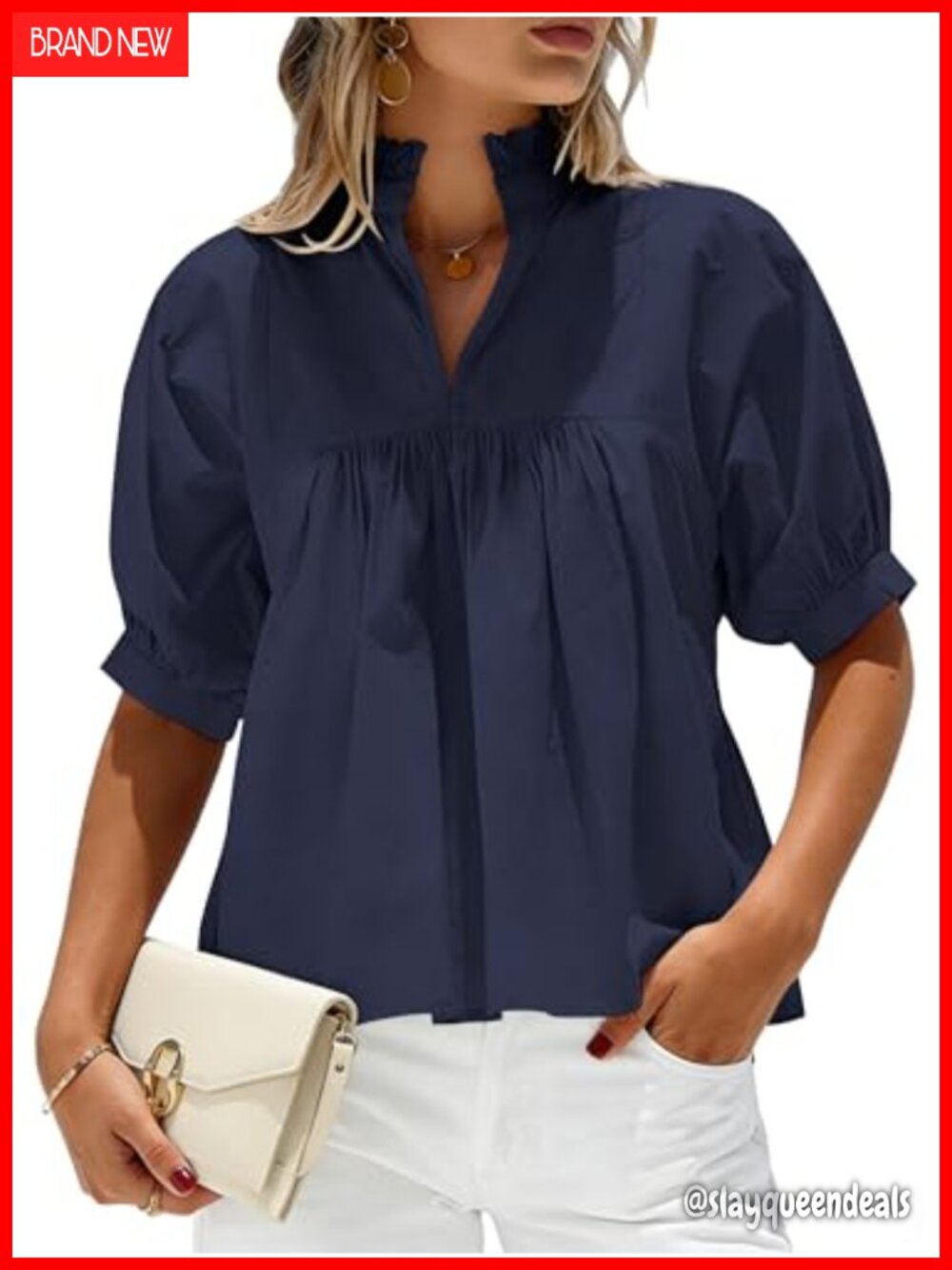 Women's Peplum Blouse Puff Sleeve Ruffle V Neck Babydoll Top Dressy